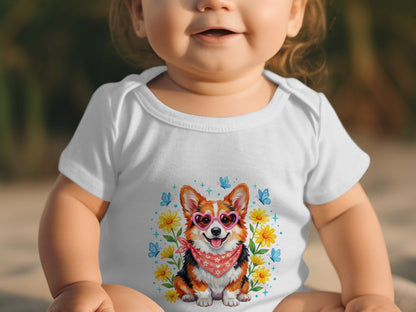 Baby wearing a white bodysuit with a corgi and butterflies graphic.