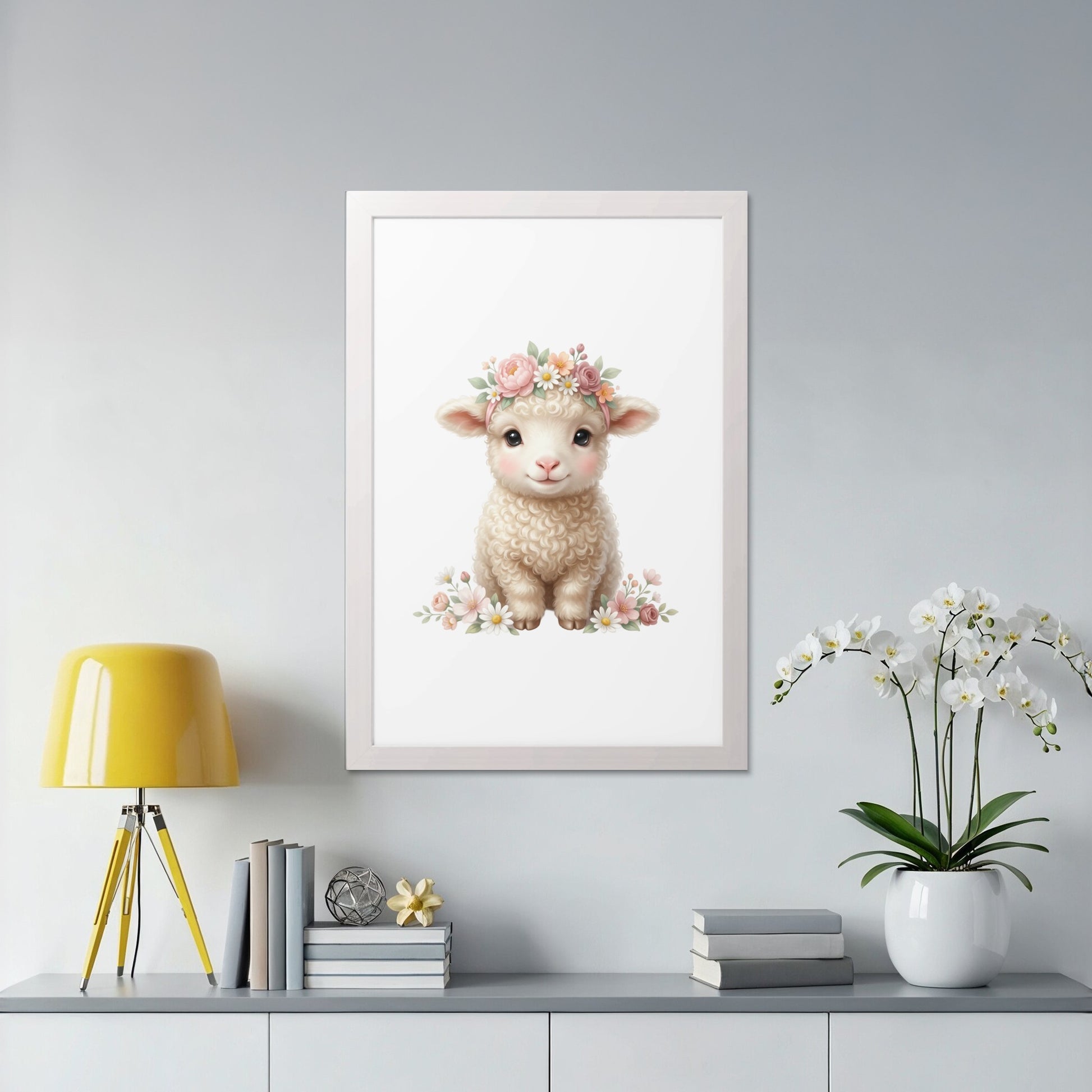 Cute cartoon lamb wearing a floral crown, framed art print.
