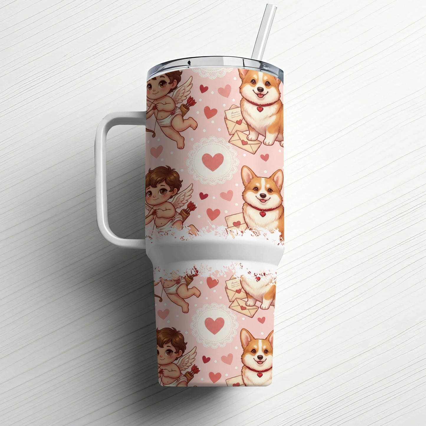 Cup with corgi, cupid, and heart pattern, white background.