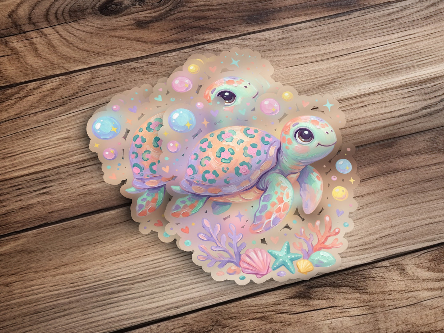 Cute cartoon sea turtle with bubbles and seashells on a wooden background.