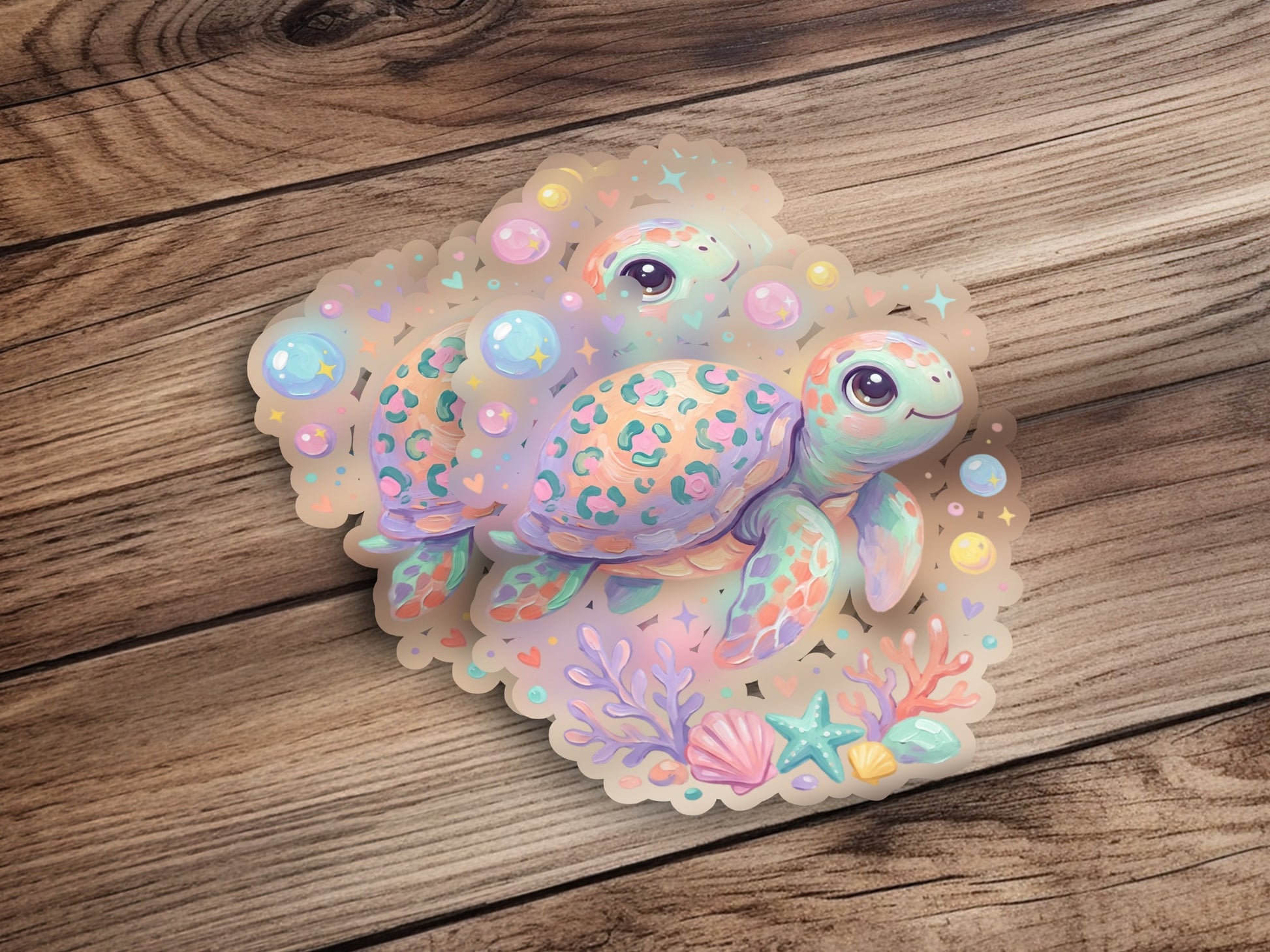 Cute cartoon sea turtle with bubbles and seashells on a wooden background.