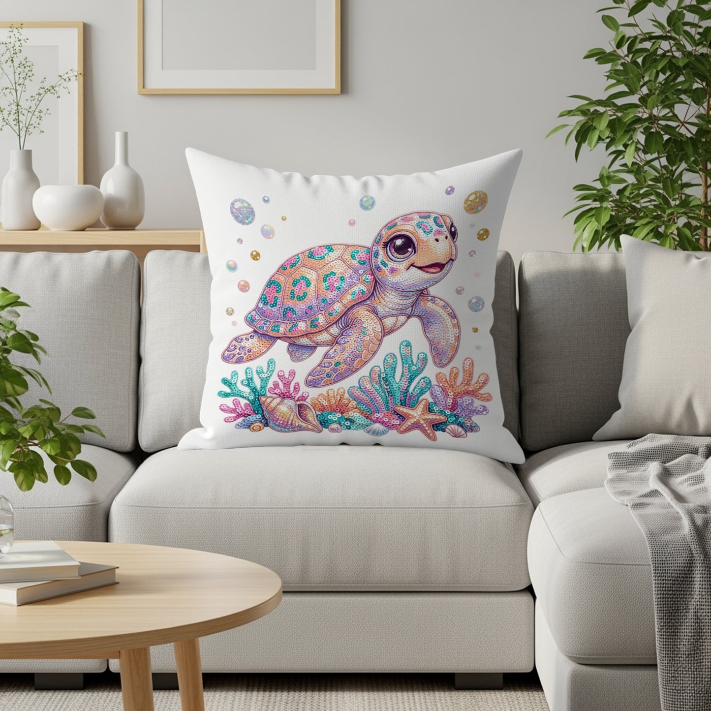 Colorful sea turtle pillow with shells and coral on a sofa.