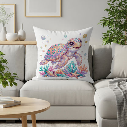 Colorful sea turtle pillow with shells and coral on a sofa.