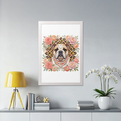 Bulldog portrait surrounded by floral wreath and bandana, framed art.