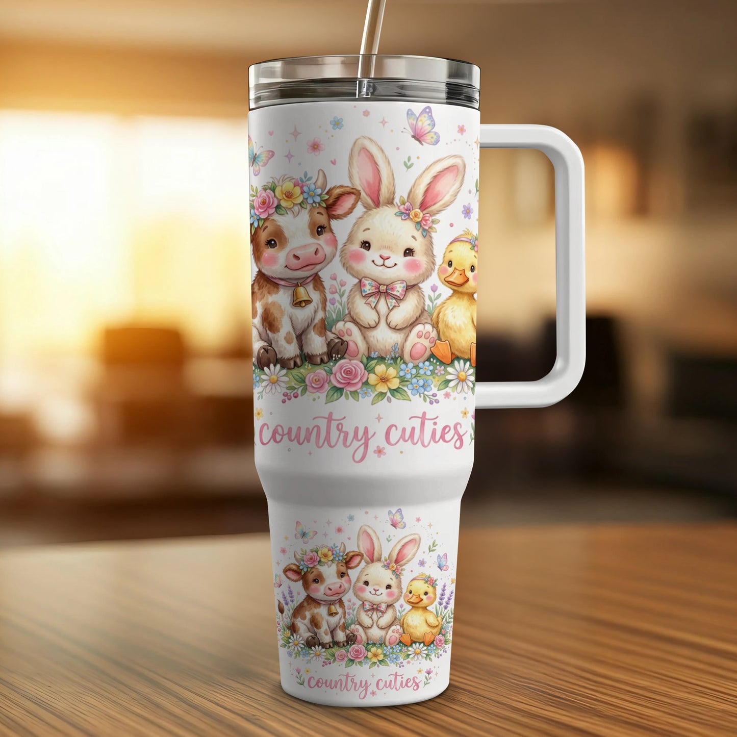 White tumbler with bunnies, cows, and ducks, "country cuties" text.