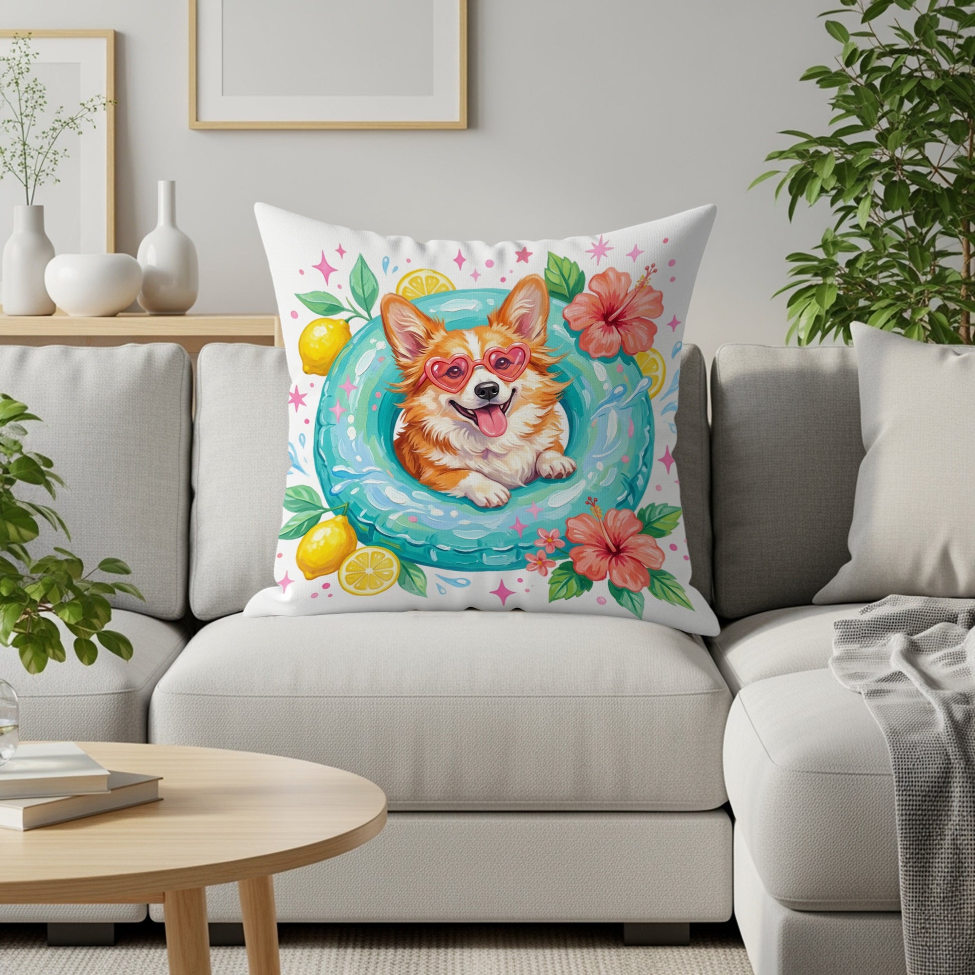 Corgi wearing heart sunglasses on a float with lemons and flowers.