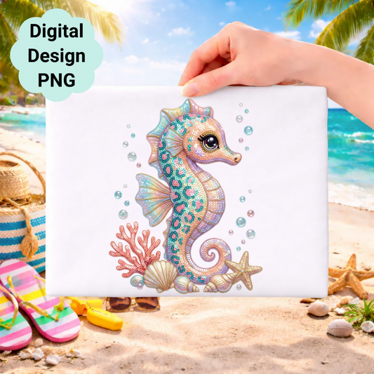Seahorse with coral, seashells, and starfish on a beach background.