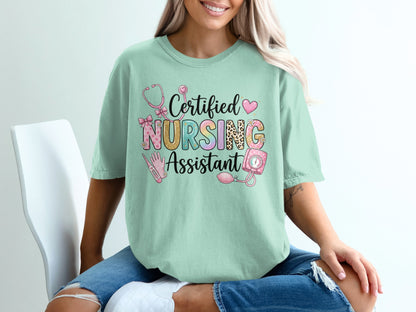 Certified Nursing Assistant graphic t-shirt with stethoscope and blood pressure cuff.