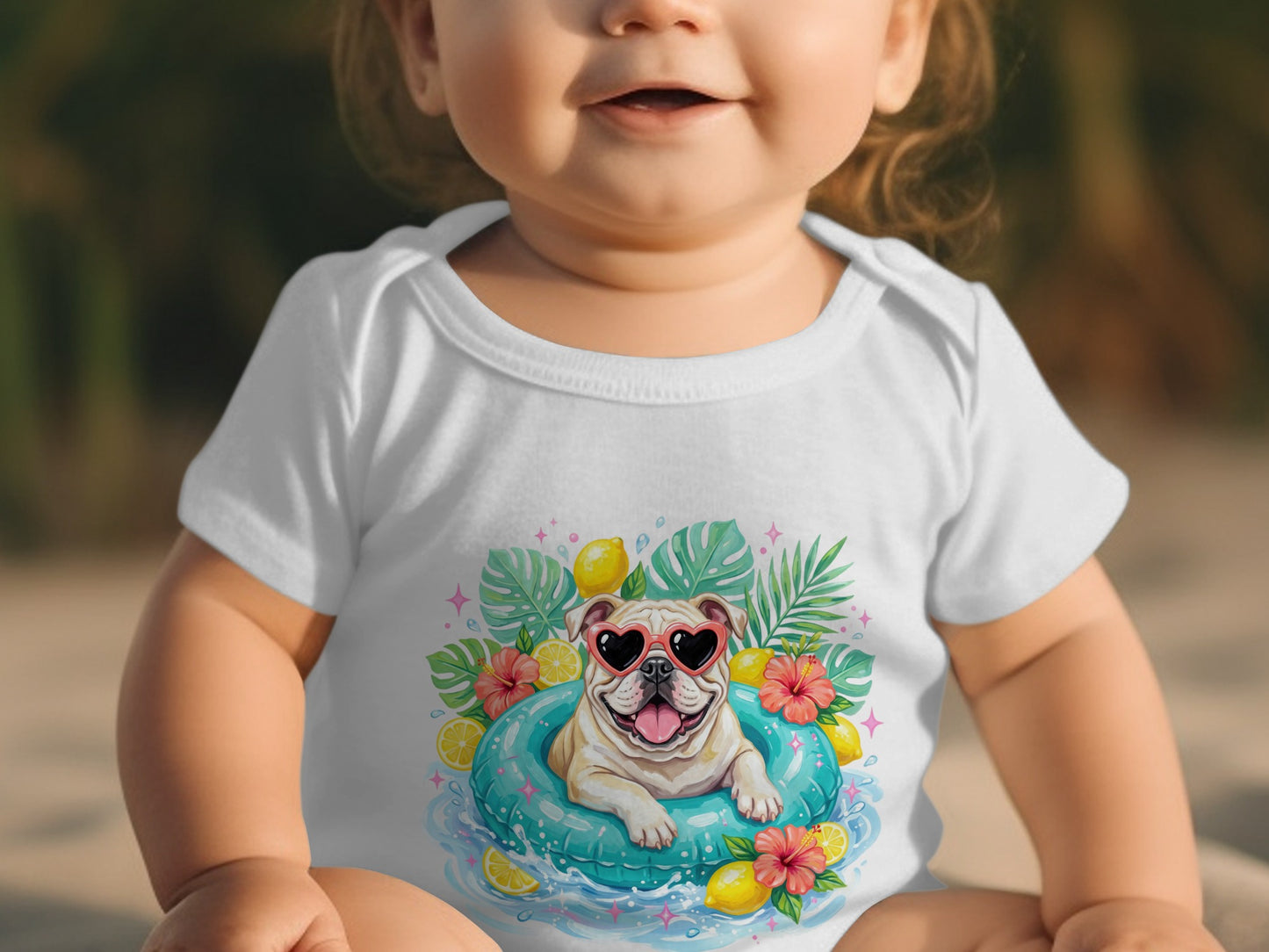 Baby wearing a white onesie with a bulldog wearing heart sunglasses on a float.