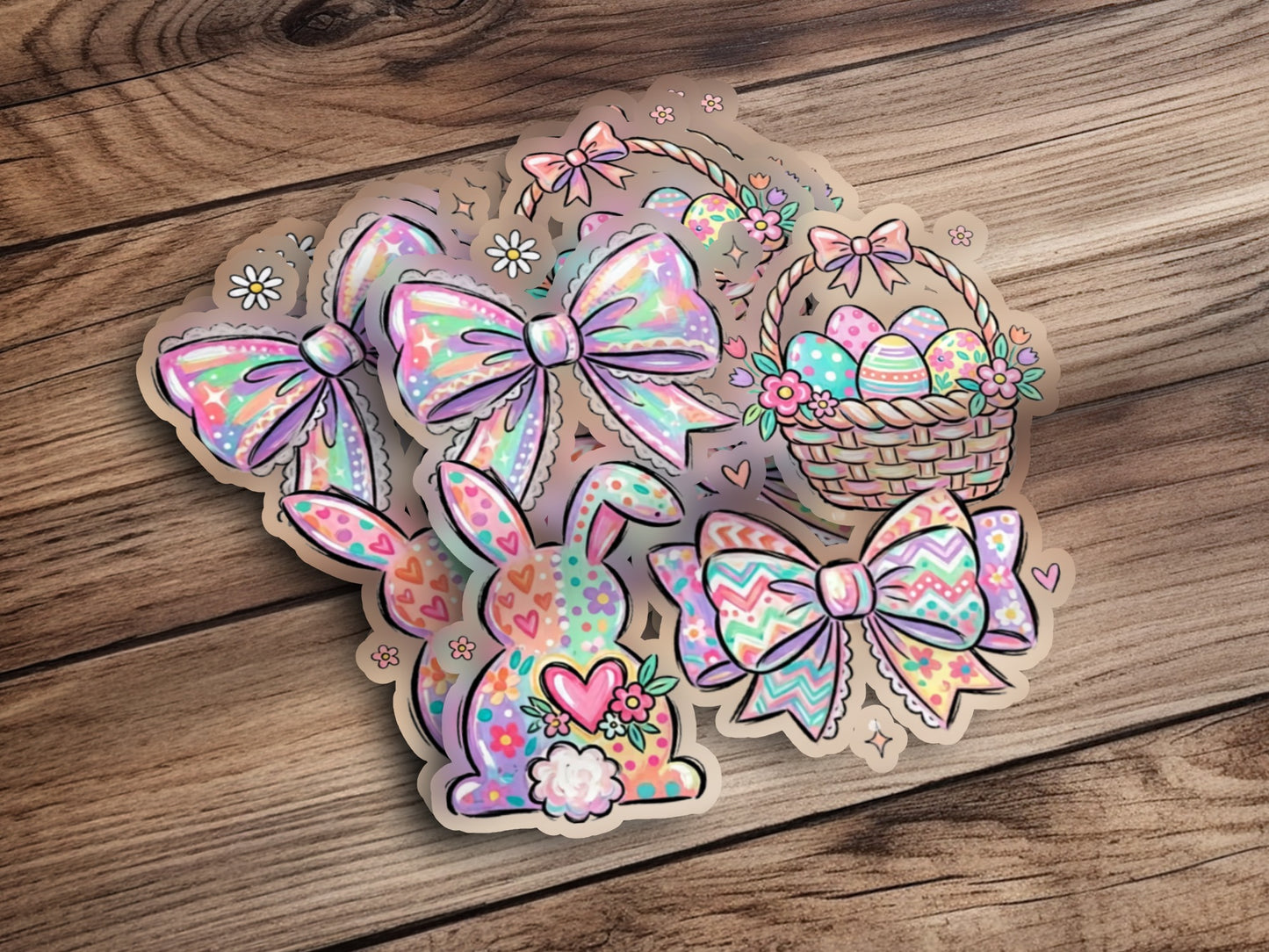 Easter stickers: bunny, baskets, bows, hearts, and eggs on wooden background.