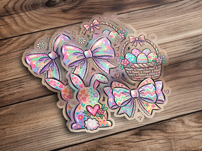 Easter stickers: bunny, baskets, bows, hearts, and eggs on wooden background.