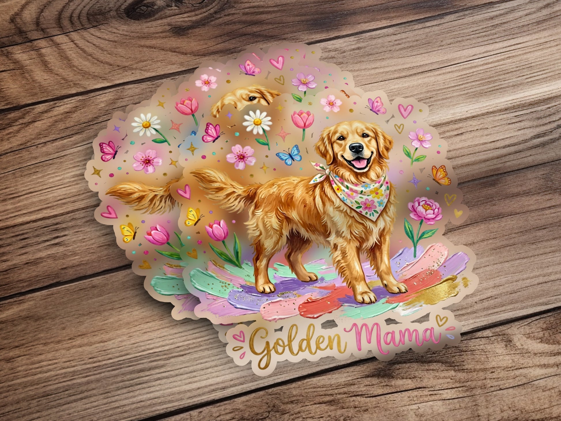 Golden Retriever wearing a bandana, surrounded by flowers and butterflies.