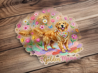 Golden Retriever wearing a bandana, surrounded by flowers and butterflies.