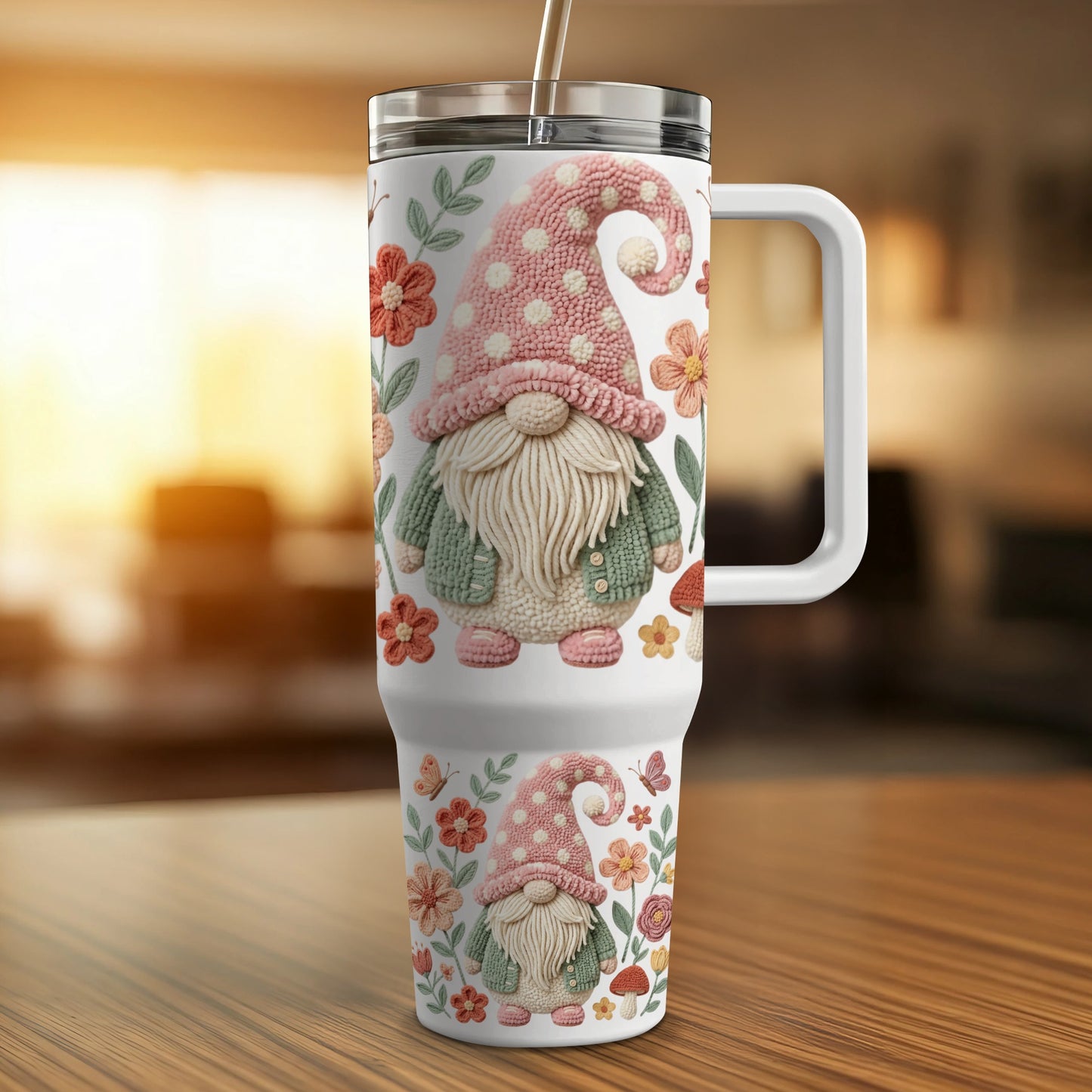 Tumbler with gnome, flowers, and butterflies, white lid and straw.