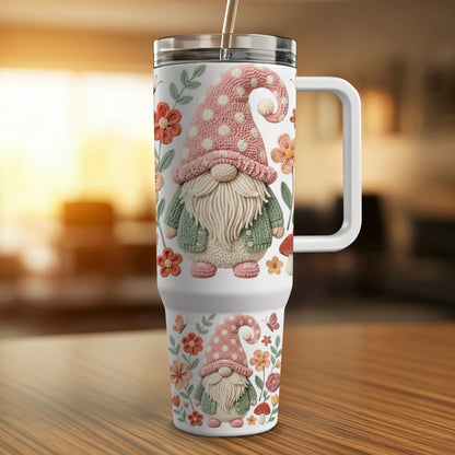 Tumbler with gnome, flowers, and butterflies, white lid and straw.