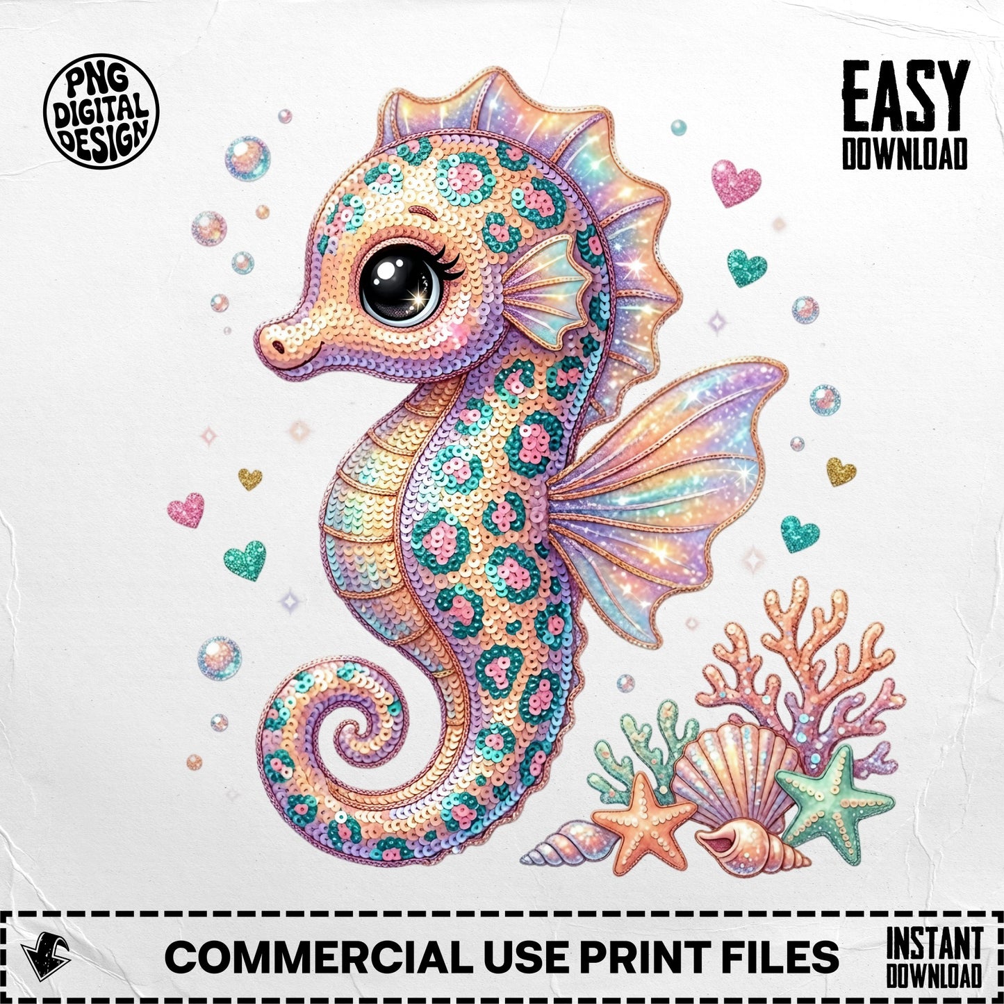 Sparkling seahorse with colorful coral and seashells.