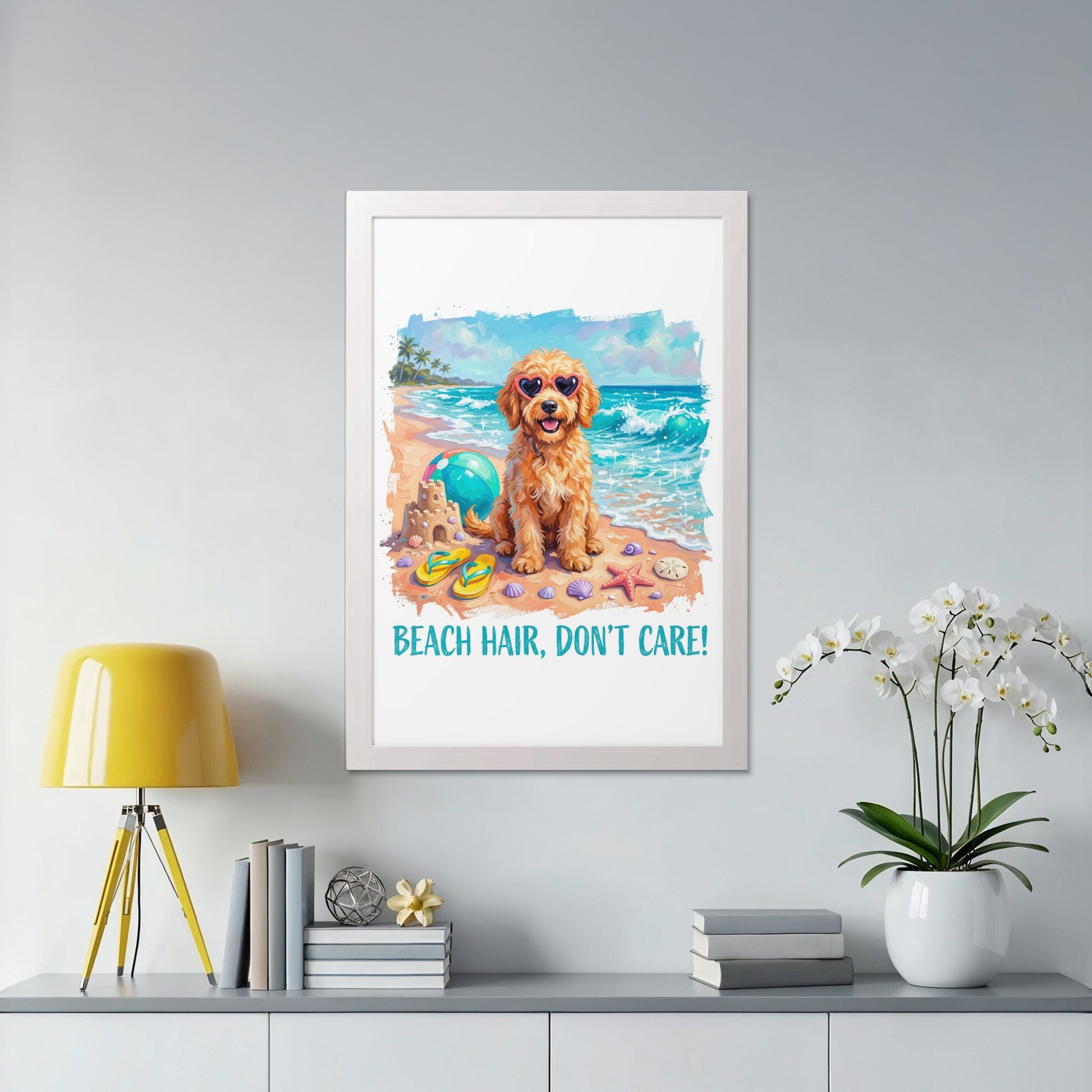 Golden retriever wearing heart sunglasses, with beach items, and text "BEACH HAIR, DON'T CARE!".
