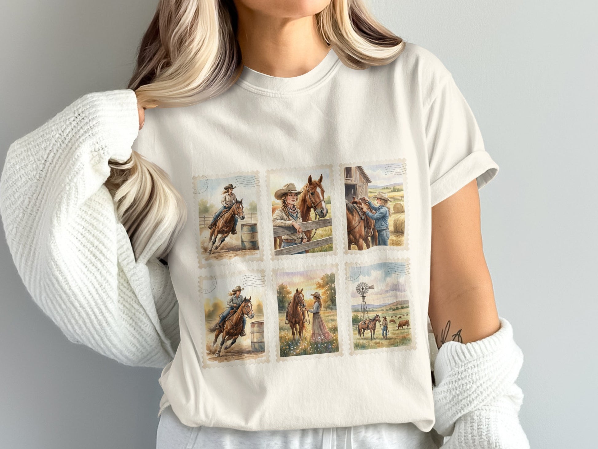 Six watercolor stamp-style illustrations of cowboys and horses on a t-shirt.