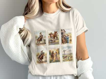 Six watercolor stamp-style illustrations of cowboys and horses on a t-shirt.