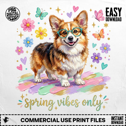 Corgi wearing glasses, surrounded by colorful flowers and butterflies, with "spring vibes only" text.