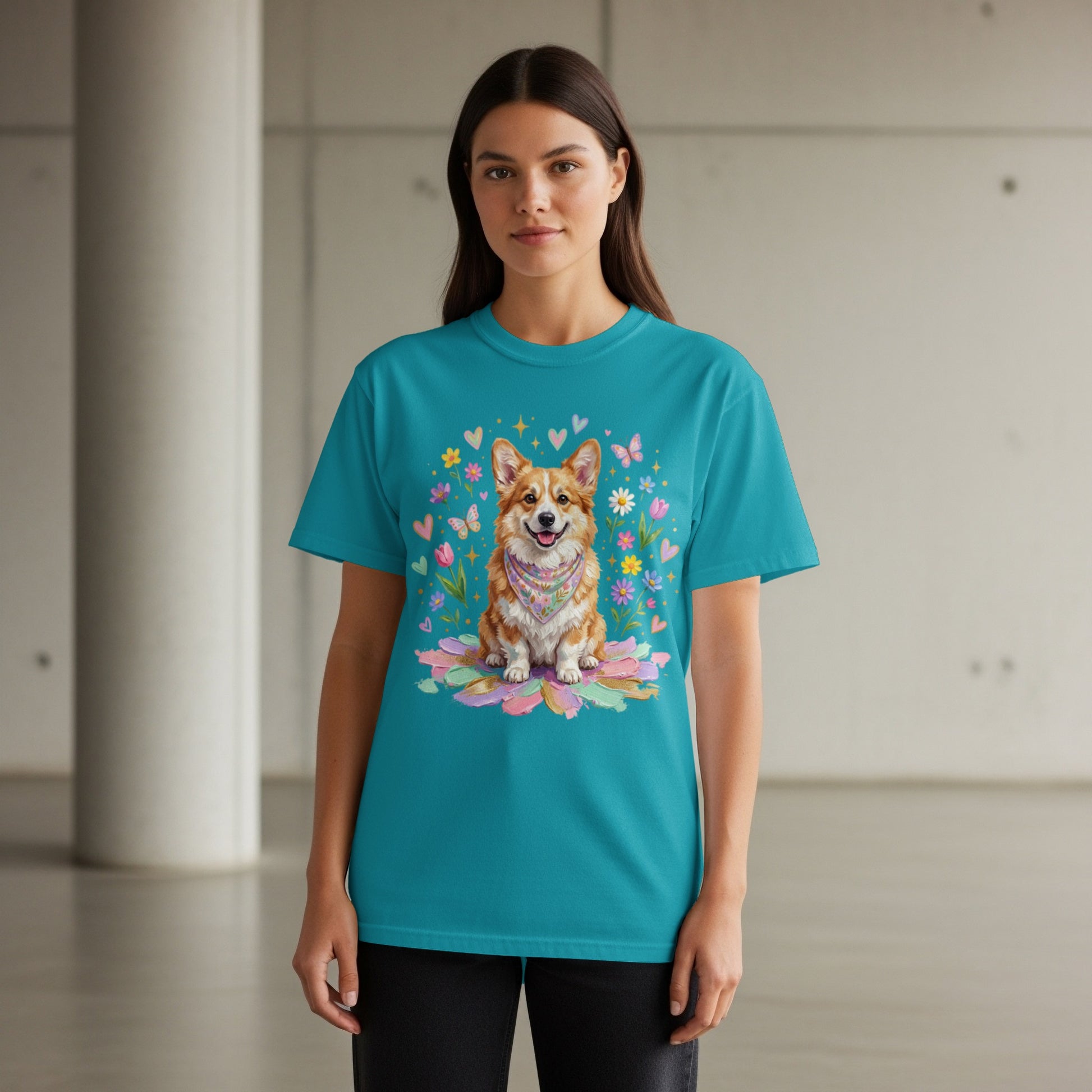 Teal t-shirt with Corgi illustration surrounded by flowers and butterflies.
