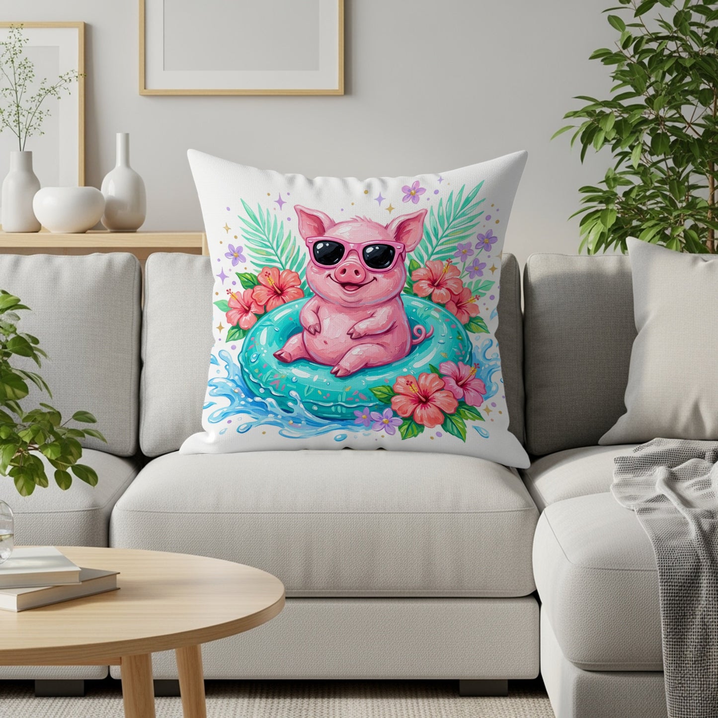 Pink pig wearing sunglasses floats on a pool float surrounded by tropical flowers.
