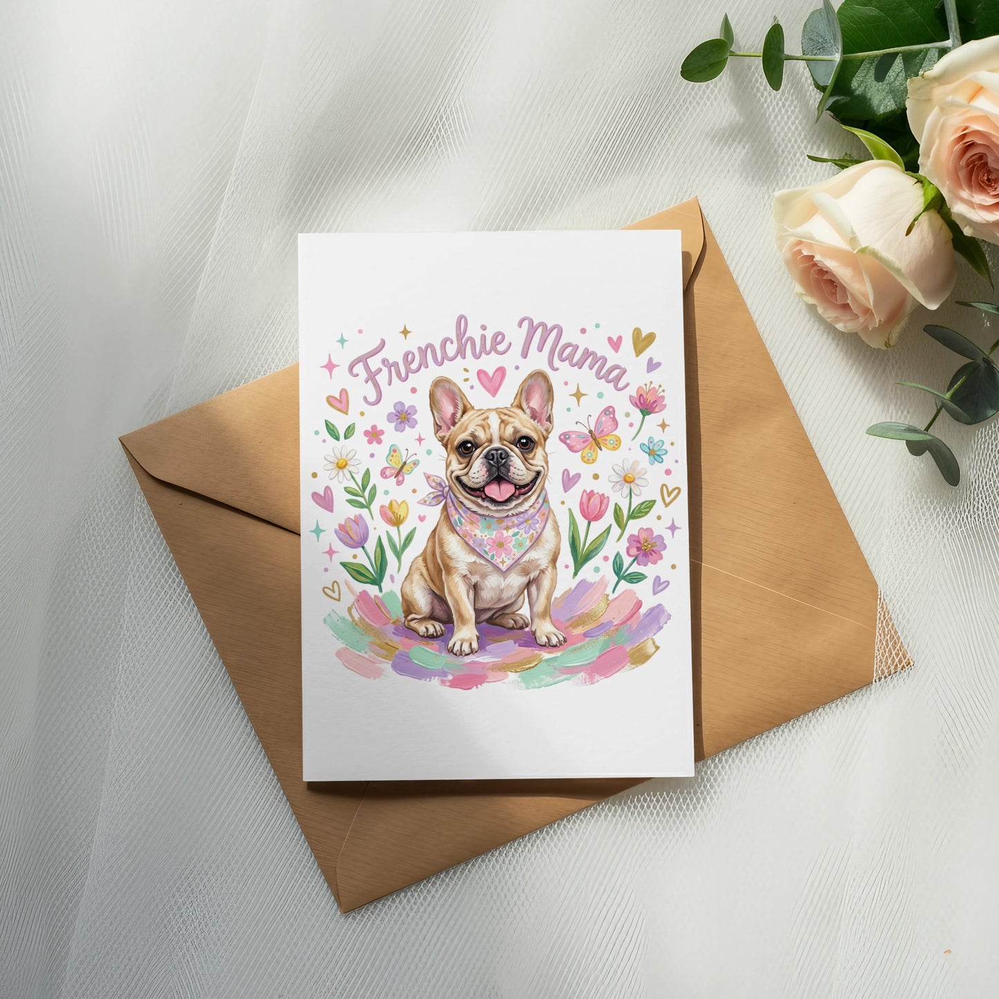 French bulldog wearing a bandana on a card with "Frenchie Mama" text.