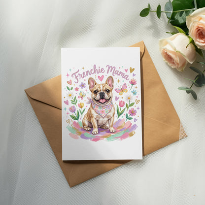 French bulldog wearing a bandana on a card with "Frenchie Mama" text.