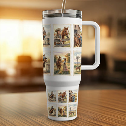 Tumbler with postage stamp-style images of cowboys, horses, and country scenes.