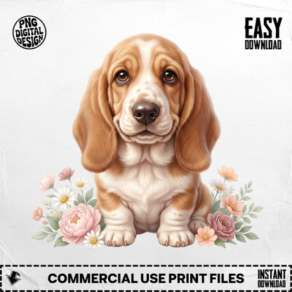 Basset Hound puppy sitting with flowers, "EASY DOWNLOAD" text.