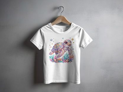 White t-shirt with a colorful cartoon sea turtle, coral, and bubbles design.