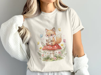 Fox wearing glasses reading on a mushroom with butterflies and flowers.