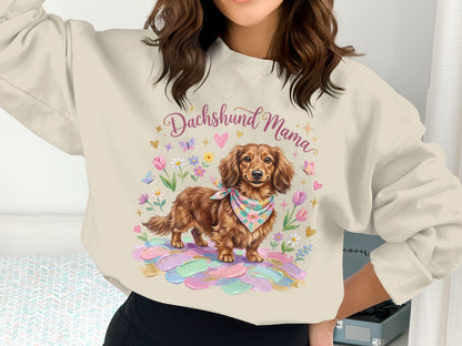 Dachshund Mama sweatshirt with a dachshund wearing a bandana and surrounded by flowers.