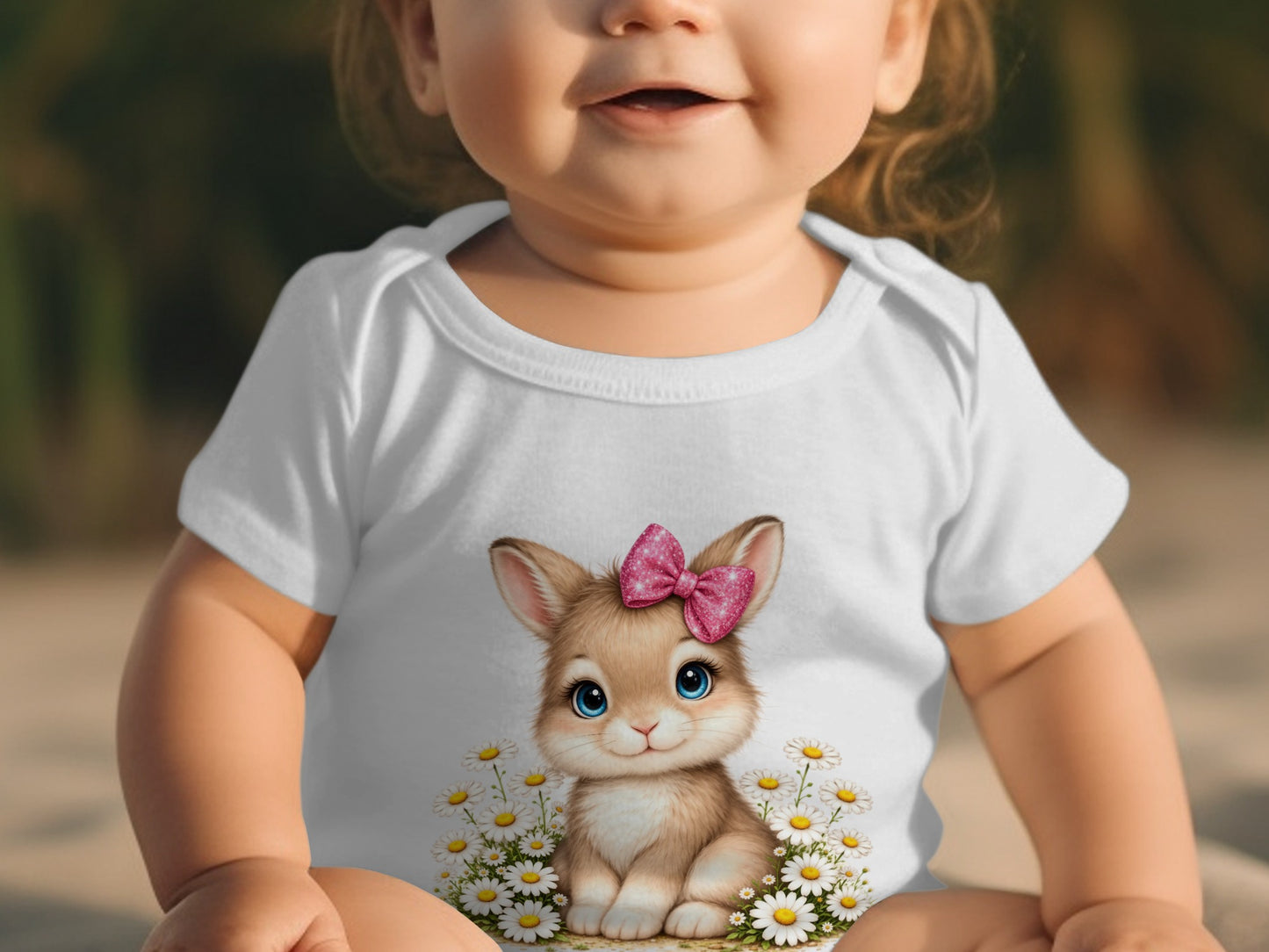 White baby bodysuit with a cartoon bunny and daisies design.