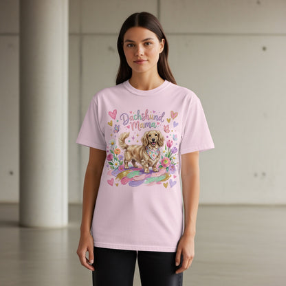 Pink t-shirt with "Dachshund Mama" text and a watercolor dachshund with flowers.