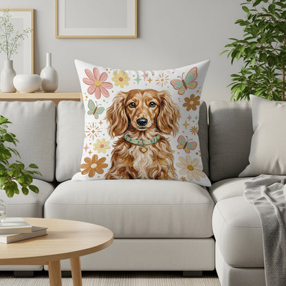 Dachshund dog wearing a colorful collar with floral and butterfly accents.