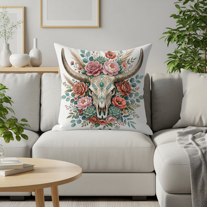 Decorative pillow with a skull and floral design on a couch.