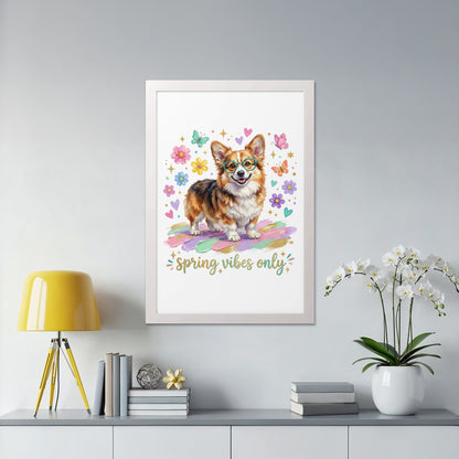 Corgi wearing glasses with colorful butterflies and "Spring vibes only" text.