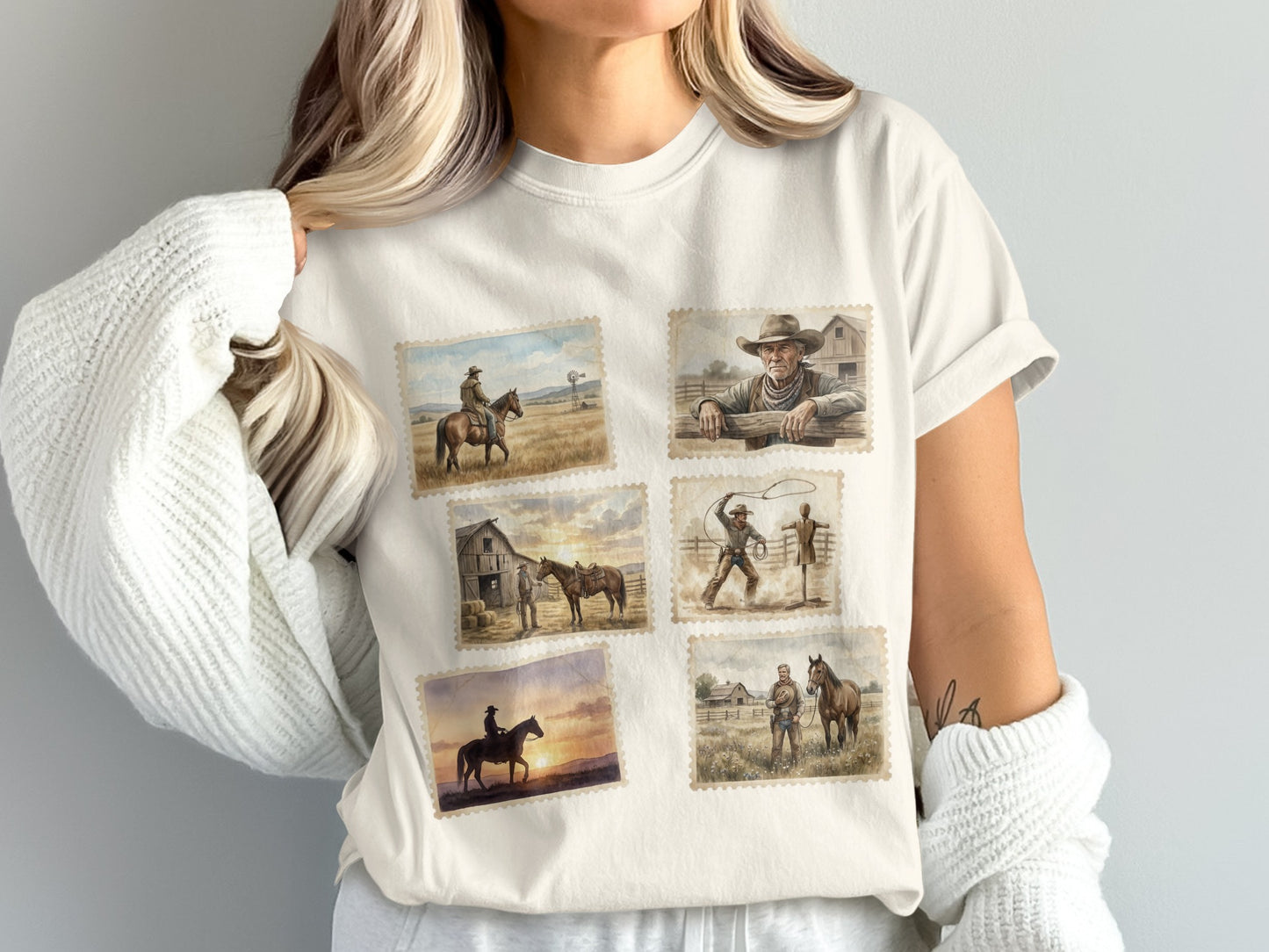 Collage of vintage cowboy stamps with western scenes, a lasso, and horses.