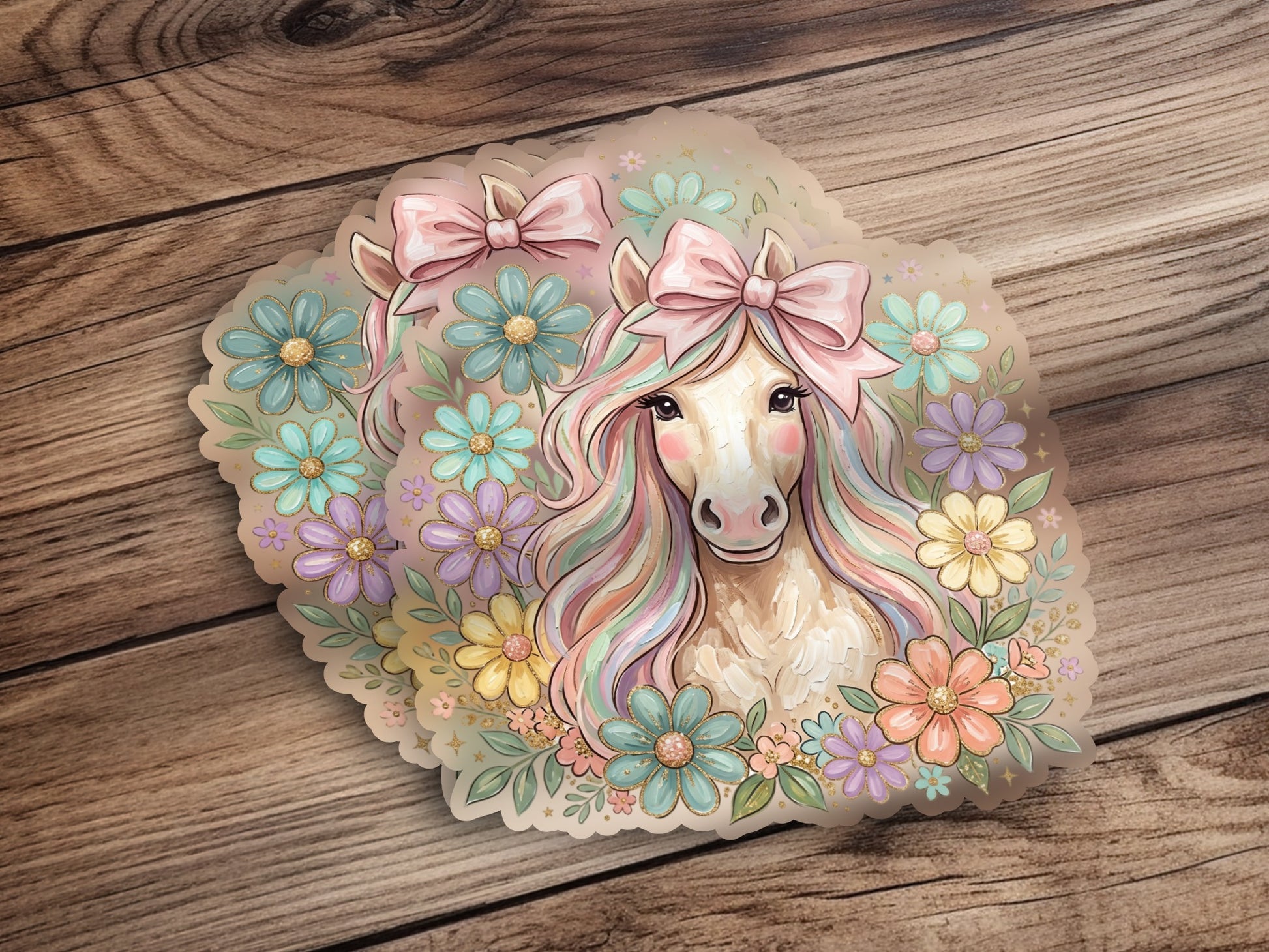 Pastel horse with flowers and bow on wooden background.