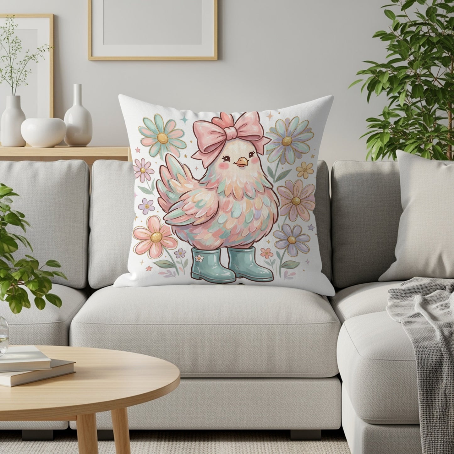 A pastel chicken with blue boots and a pink bow, surrounded by flowers.