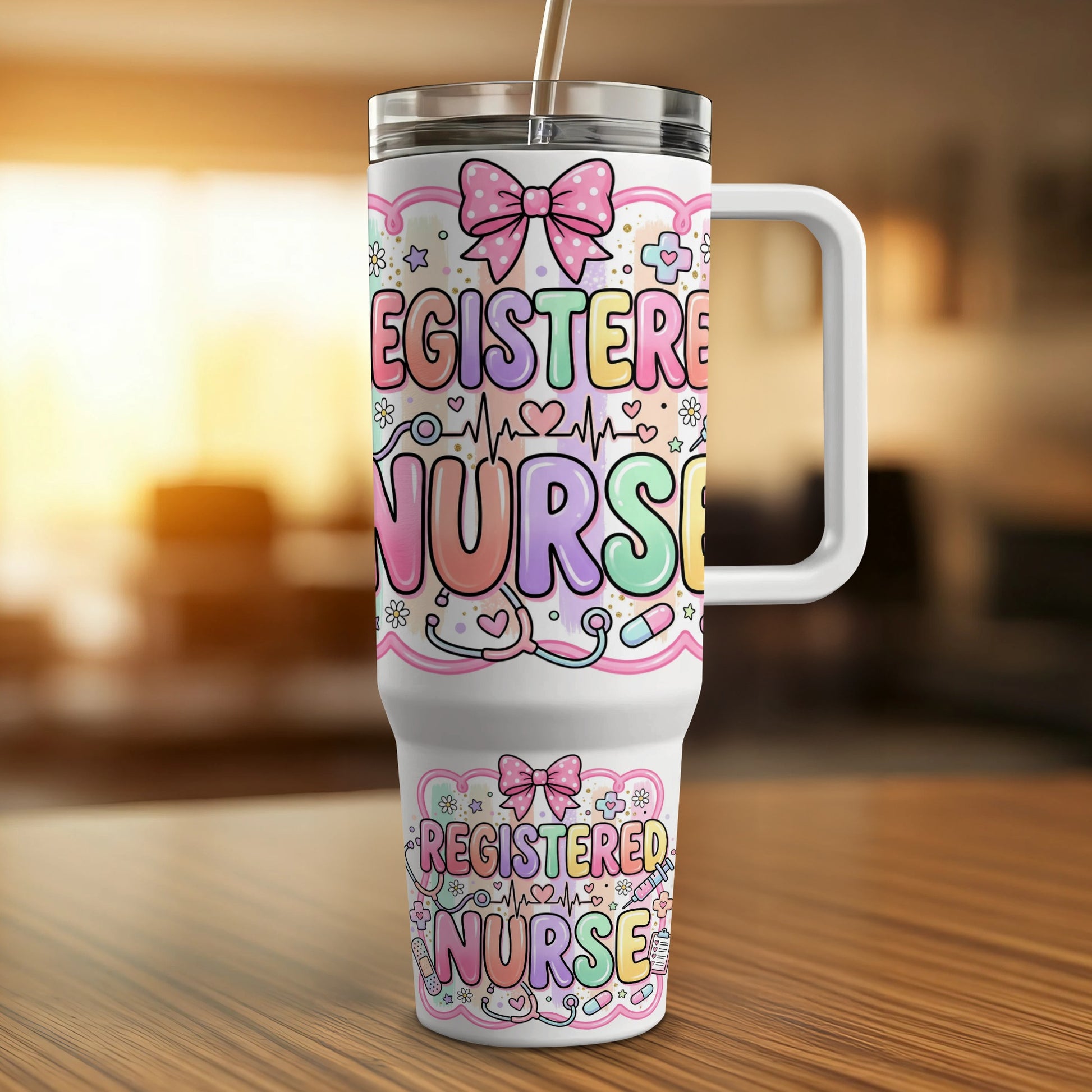 Registered Nurse tumbler with stethoscope, heart, and bow designs.