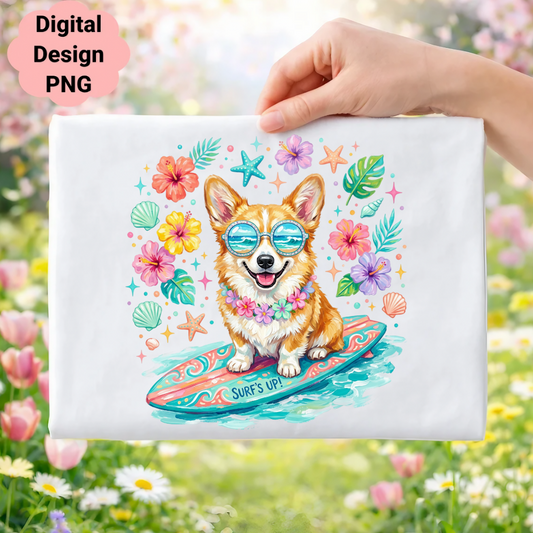 Corgi dog wearing sunglasses and lei on a surfboard, text "Surf's Up!".