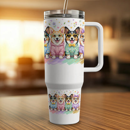 White tumbler with corgis wearing hoodies and sunglasses.