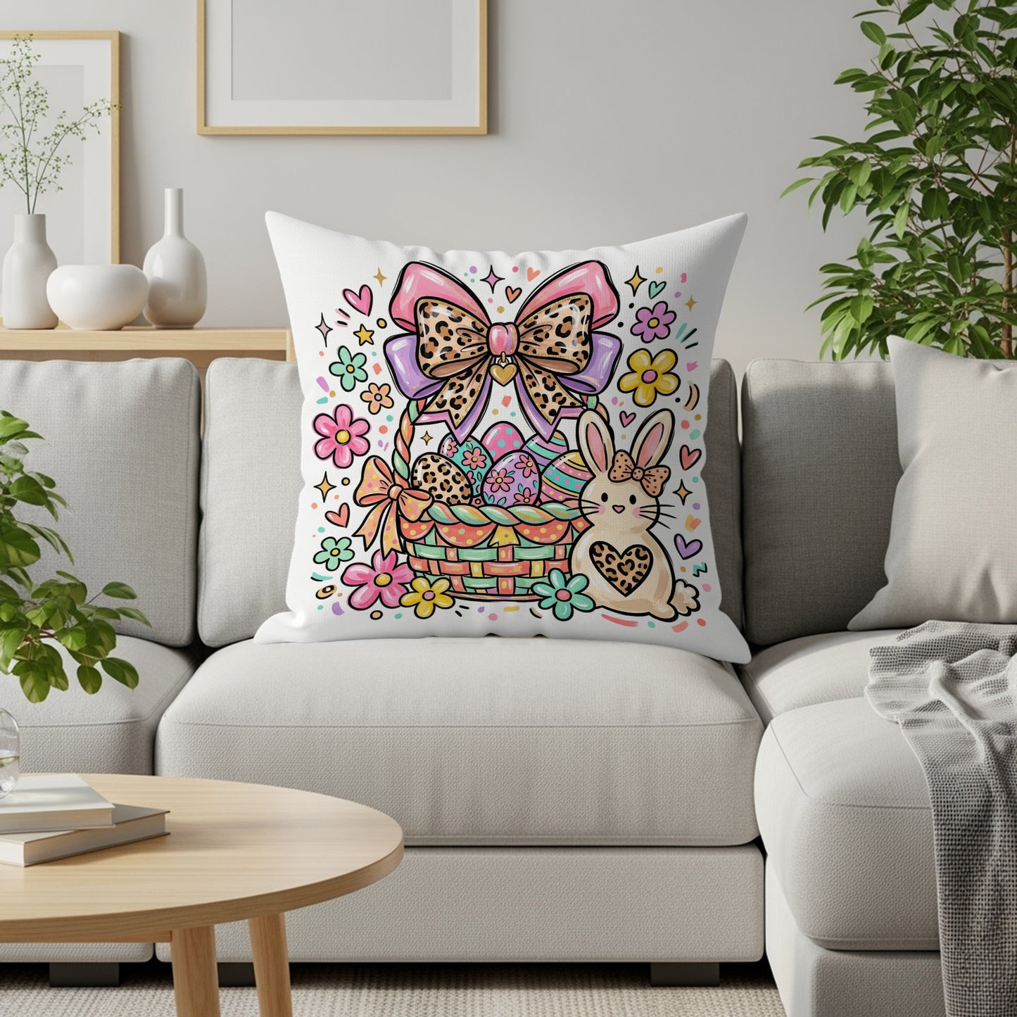Easter basket with bow, eggs, and bunny on a sofa cushion.