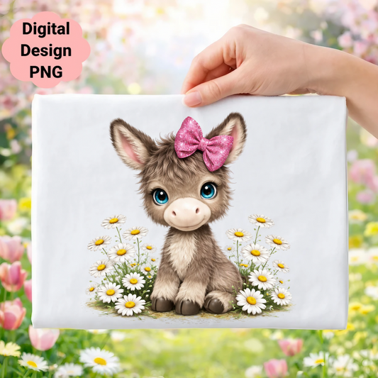 Cute donkey with blue eyes and pink bow sits among daisies.