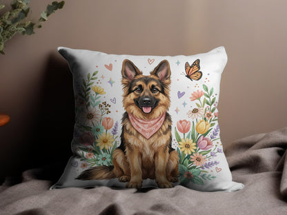 German Shepherd with bandana sits among flowers, with butterfly above.