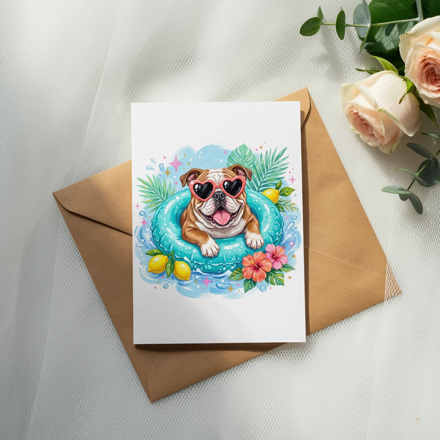Bulldog wearing heart sunglasses in a pool float, surrounded by tropical leaves.