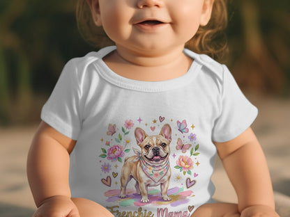 Baby in white onesie with French Bulldog wearing bandana, flowers, and butterflies.
