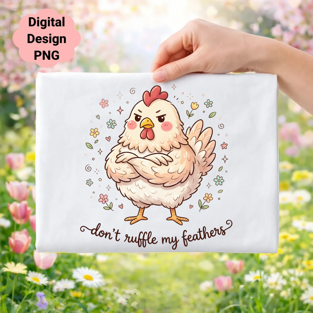 Cartoon chicken with arms crossed and text "don't ruffle my feathers."